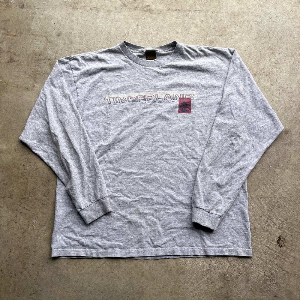 Vintage Y2K Made In USA Timberland Spell-Out Logo Gray Long Sleeve Shirt